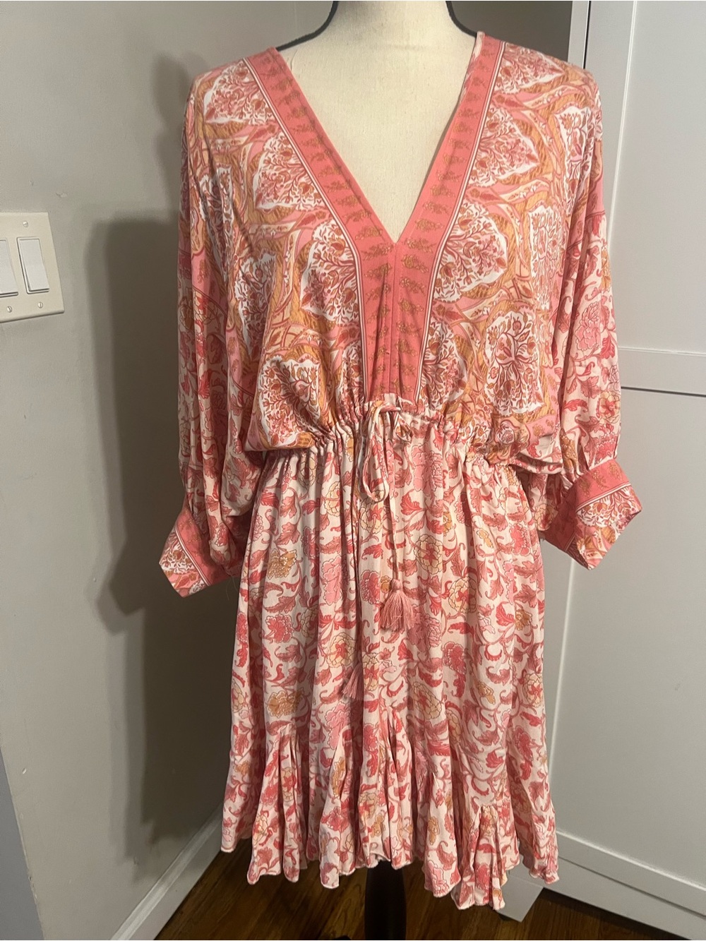 Aakaa Pink Coral Paisley V-Neck Drawstring Mini Dress - Picture 11 of 11
